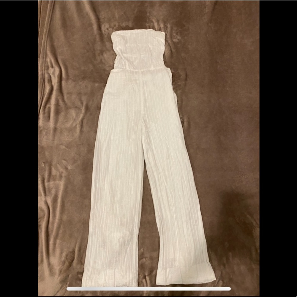 Women’s White Strapless Jumpsuit with Lace Up Back